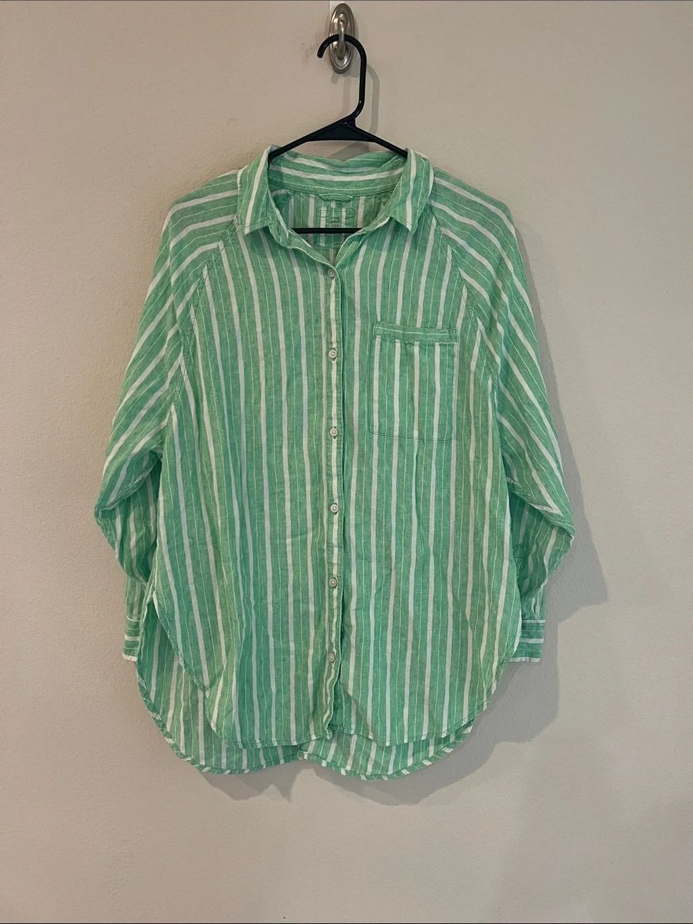 Aerie Green White Striped Linen Blend Oversized Button Down Shirt Cover Up S